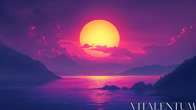 Neon dusk seascape with glowing sun over layered mountains.