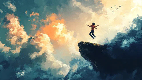 Digital painting of cliffside leap into luminous storm clouds.