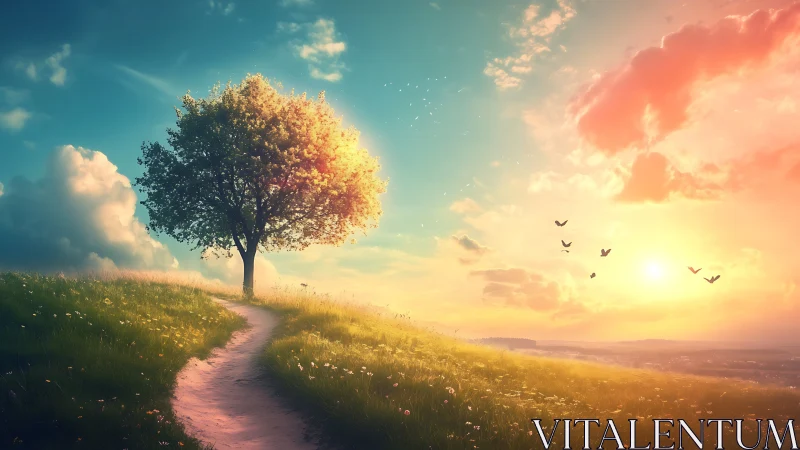 Serene tree on grassy hill at sunrise, dreamy landscape art.
