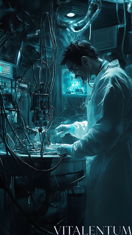 Cyberpunk scientist engineers a glowing neural interface