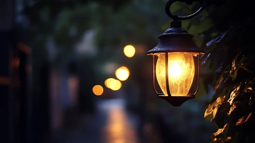 Cozy street lantern casting gentle light on a quiet evening.