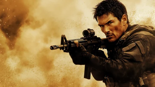 Soldier aims rifle through dense yellow battlefield smoke