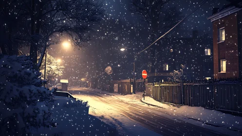 Snowy residential street under warm night streetlights.