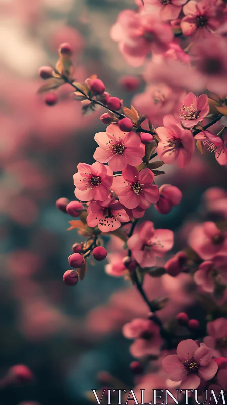 Pink blossoms with buds cluster on botanical branches in soft focus
