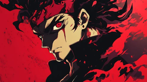 Fierce anime warrior in crimson inferno portrait profile.