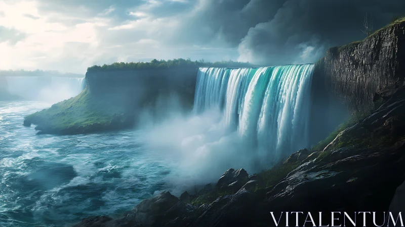 Dramatic waterfall cliff scene under stormy sky.