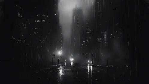 Solitary figure crosses rain-soaked avenue in noir metropolis