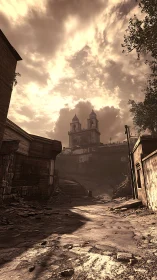 Sepia-toned ruined alleyway framing distant baroque cathedral.
