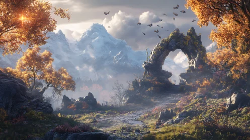 Mountain pass with stone arch and glowing autumn trees.