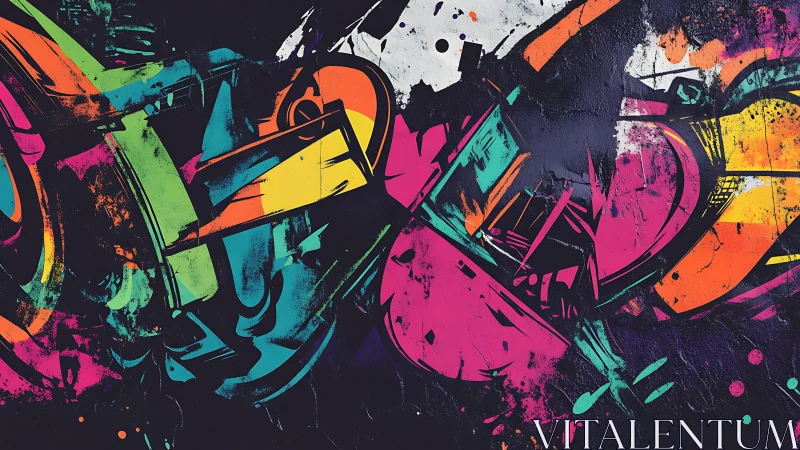 Neon graffiti strokes slice across a dark urban concrete wall