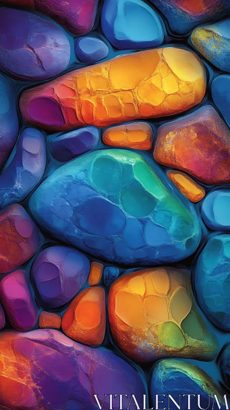 Glow-washed river stones in a rainbow dreamscape.