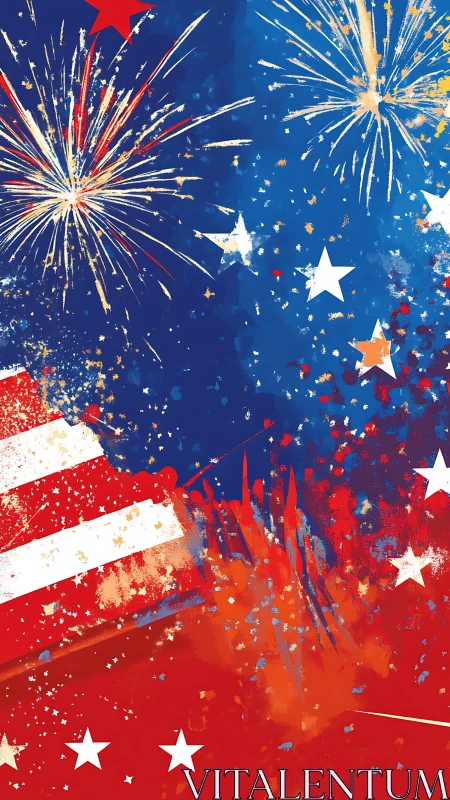 Bold patriotic fireworks with red, white and blue stars.