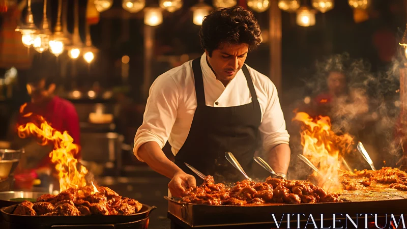 Street food chef grills spicy meat over high open flames