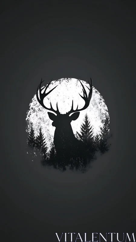 Stag silhouette within lunar forest ink-textured contrast.