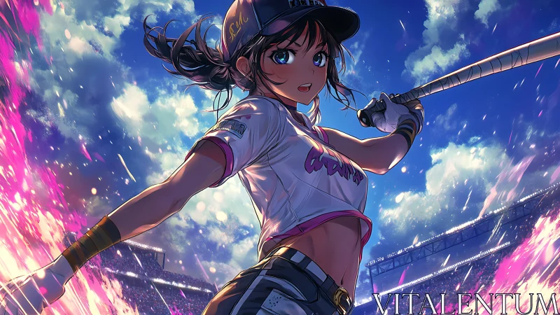 Anime softball player swings bat in glowing stadium scene.