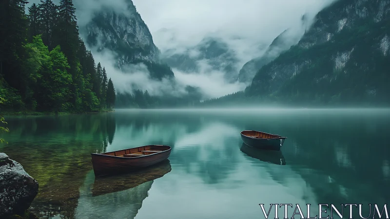 Wooden rowboats rest on misty alpine lake at dawn