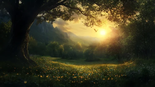 Backlit forest clearing with volumetric sunrise and detailed flora