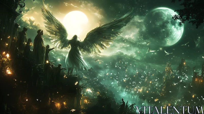 Celestial angel overlooks a glowing, moonlit fantasy city.