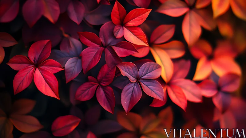Velvet red leaves glowing in a soft autumn twilight hush.