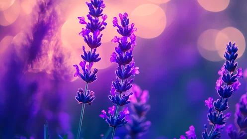 Purple lavender stems with bokeh background create luminous floral composition.