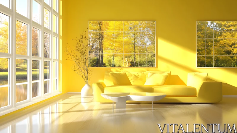 Yellow living room with sofa, low table and autumn view.