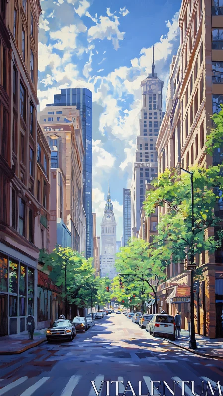 Urban street canyon shows mid-rise buildings and distant tower