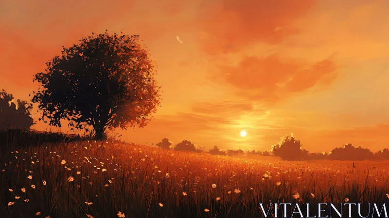 Sunlit meadow tree in blazing orange sunset glow.