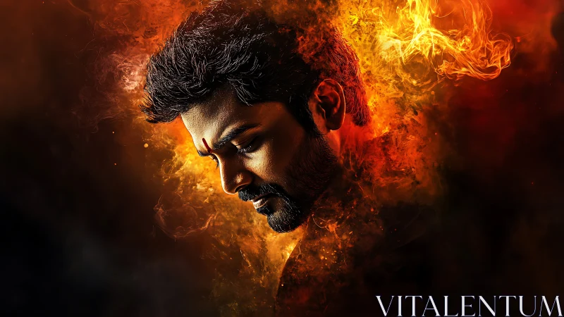 Fire-wreathed profile cradles silent storm of inner resolve