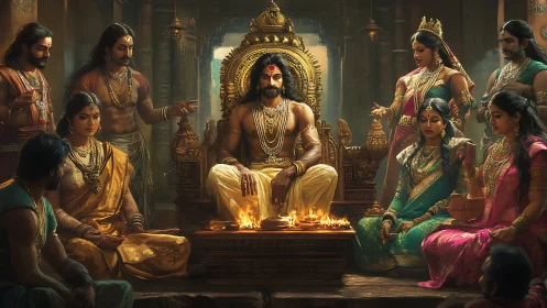 Regal Indian king seated in court with attendants gathered.