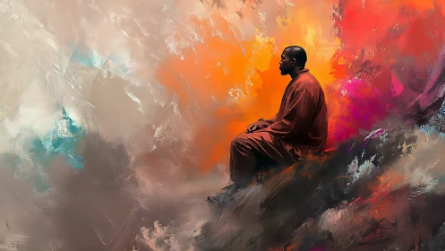 Quiet figure resting in a glowing storm of gentle color.