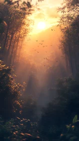 Golden Hour Bamboo Forest Pathway with Silhouetted Birds.
