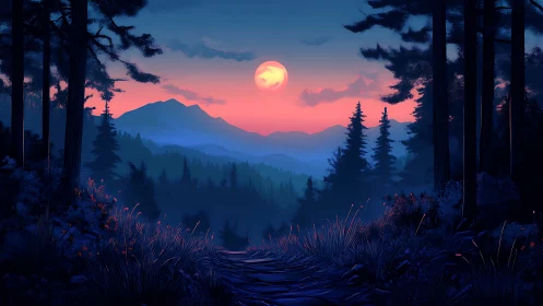 Mountain Valley Under Harvest Moon at Twilight.