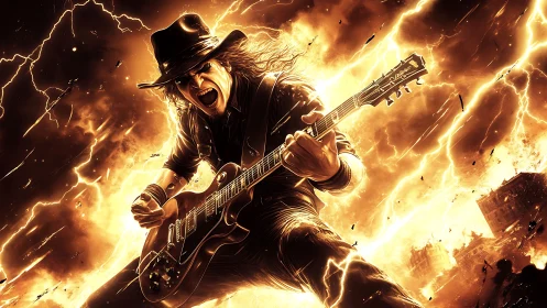 Digital painting of electric rock guitarist in apocalyptic inferno.