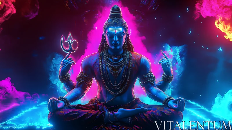 Divine meditative figure in vivid neon cosmic environment.
