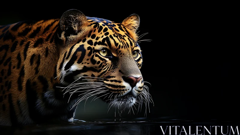 Low‑key jaguar portrait with high‑contrast rim lighting in water