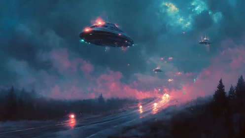 Mysterious UFOs glide above a glowing night highway scene