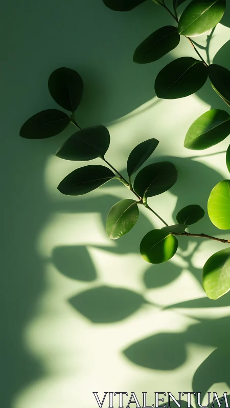 Ficus branch casting soft leaf shadows on mint backdrop.