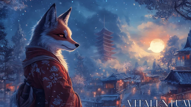 Anthropomorphic fox in winter kimono before moonlit pagoda.