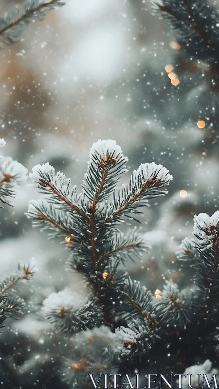 Snow-kissed fir branches shimmer with quiet winter lights.