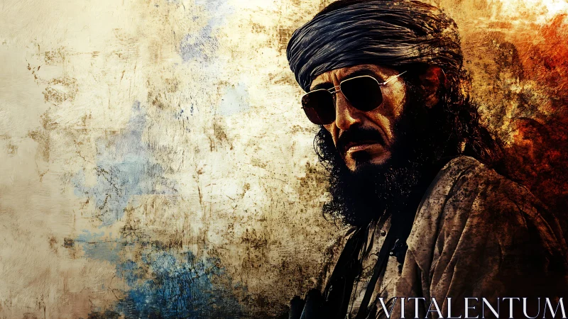 Middle-aged man in turban and glasses stands against textured wall