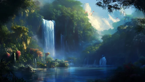 Mystic jungle waterfall cascades into a serene blue lagoon