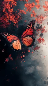 Monarch butterfly amid red leaves and dark abstract sky.