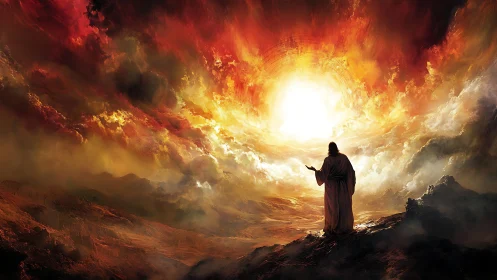 Prophetic robed figure gazes into blazing celestial vortex.