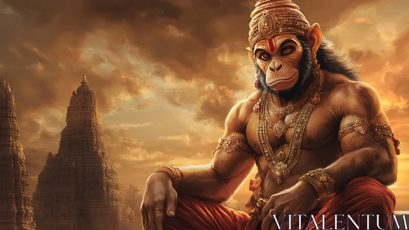 Mythic simian warrior rendered with cinematic warm backlighting and gold