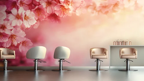 Blossom-soaked salon lounge where pastel chairs quietly glow.