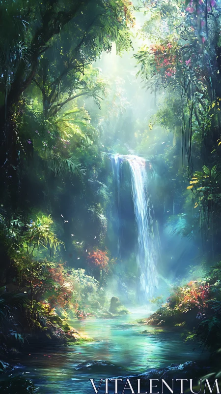 Luminous Tropical Waterfall with Ethereal Canopy and Cascading Waters