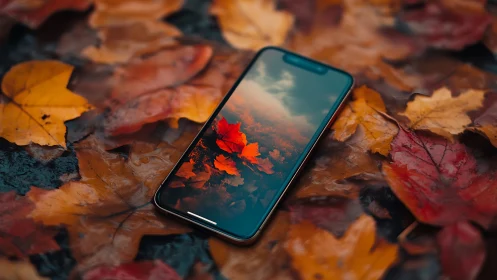 Smartphone on wet autumn leaves with reflective display imagery.