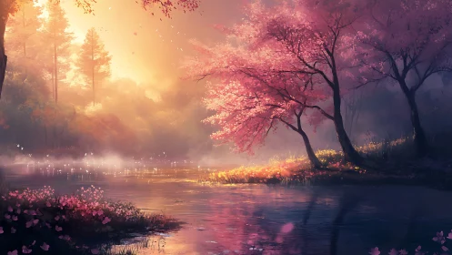 Sunlit sakura grove beside reflective misty riverbank.