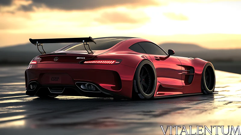 Red Mercedes sports car on wet track at sunset.
