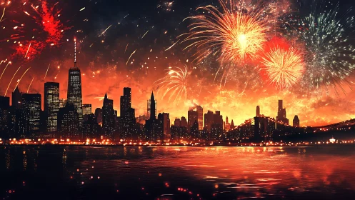 Firelit city skyline wrapped in glowing festival fireworks.